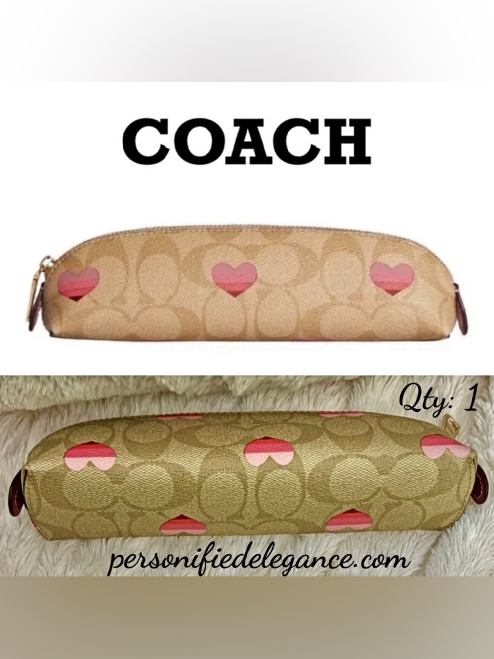 NEW Coach Stripe Heart Light Khaki Pink Coated Canvas Pencil Makeup Travel Case